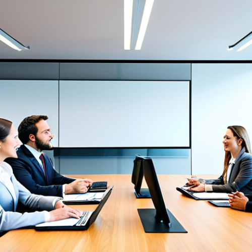 A diverse group of business professionals in professional business attire, modest clothing, appropriate attire, engaged in a dynamic modern negotiation. Some are present in a contemporary office setting, actively interacting, while others are seamlessly integrated via high-quality video calls displayed on large screens, illustrating a hybrid work environment. The scene captures a collaborative atmosphere across digital and physical spaces. The background features a sleek, well-lit conference room. Perfect anatomy, correct proportions, natural pose, well-formed hands, proper finger count, natural body proportions, professional photography, high resolution, soft lighting, safe for work, appropriate content, fully clothed, professional.