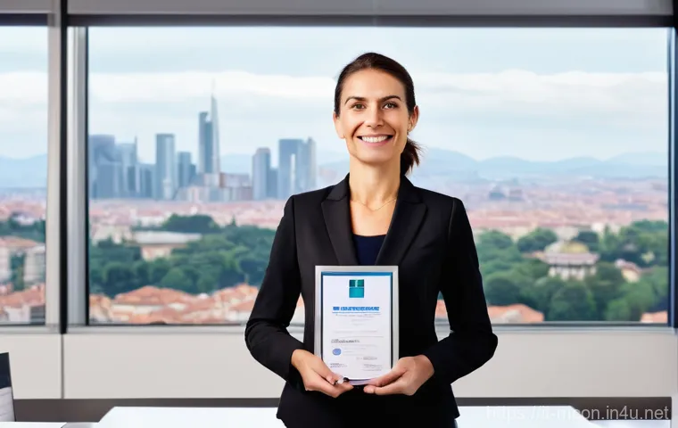 컨설팅 자격증 취득 방법 - A confident Italian female business consultant in her late 30s, dressed in a sleek, dark business su...