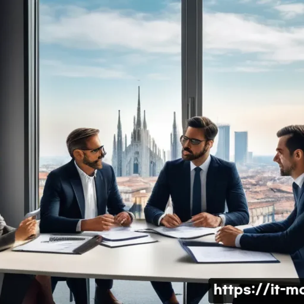 컨설팅 기업 선택 팁 - A modern corporate consulting office scene set in Milan, Italy, featuring a diverse group of profess...
