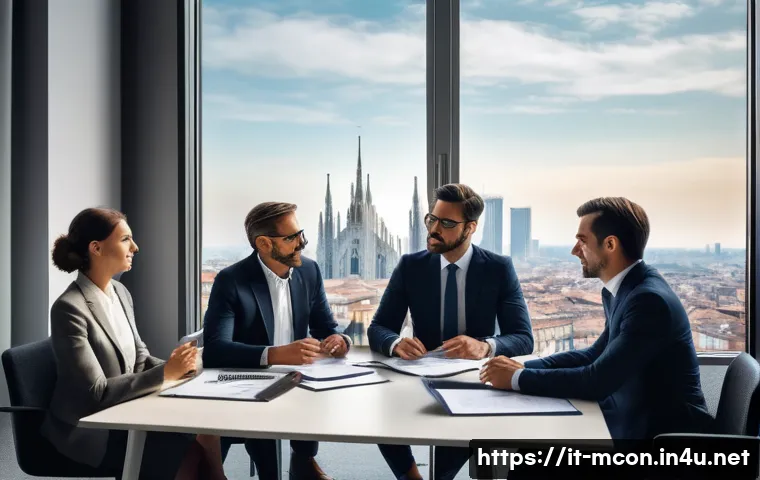 컨설팅 기업 선택 팁 - A modern corporate consulting office scene set in Milan, Italy, featuring a diverse group of profess...