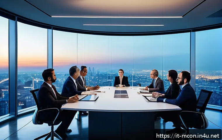 경영컨설팅과 글로벌 시장 분석 - A modern international business meeting scene in a sleek corporate office overlooking a city skyline...