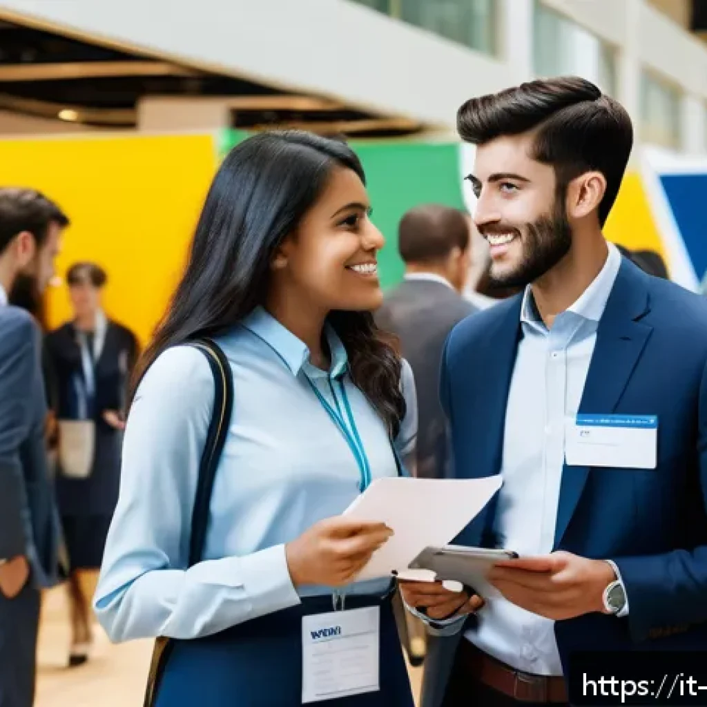 컨설팅 인턴십 기회 찾기 - A modern Italian university career fair scene showing diverse young adults dressed in professional a...