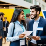 Home 22 컨설팅 인턴십 기회 찾기 - A modern Italian university career fair scene showing diverse young adults dressed in professional a...